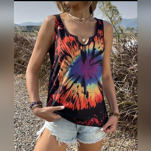Vibrant Splash of Colors Tie dye split neck tank top mixed colors W-625 - Picture 5 of 16